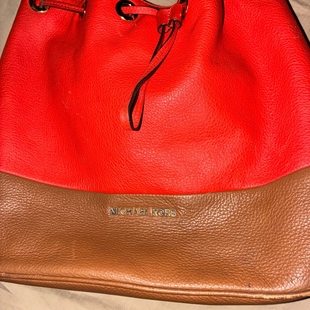 Michael Kors Jules Bucket Bag Mandarin Orange and Brown Drawstring